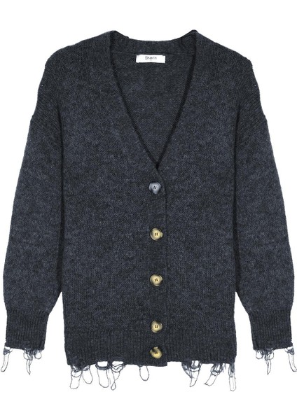 Antrasit Yırtık Detaylı Triko Hırka