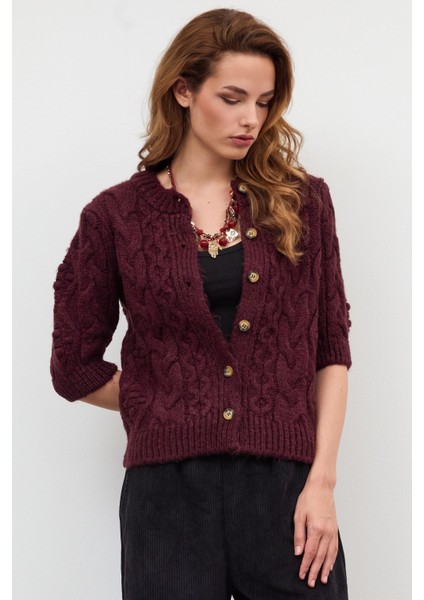 Bordo Düğmeli Hırka