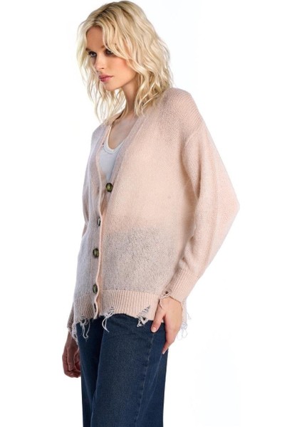 Pudra Yırtık Detaylı Triko Hırka