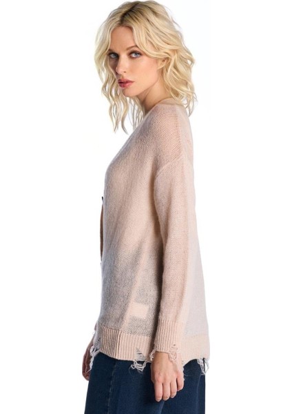 Pudra Yırtık Detaylı Triko Hırka