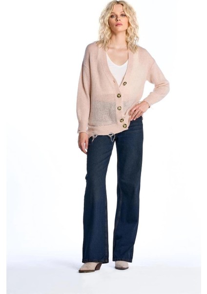 Pudra Yırtık Detaylı Triko Hırka