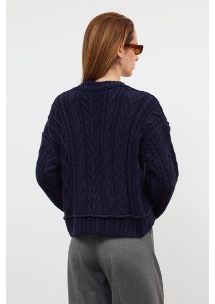 Lacivert Çoban Düğmeli Saç Örgülü Triko Hırka