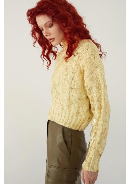 Sarı Dik Yaka Varak Baskılı Triko Kazak