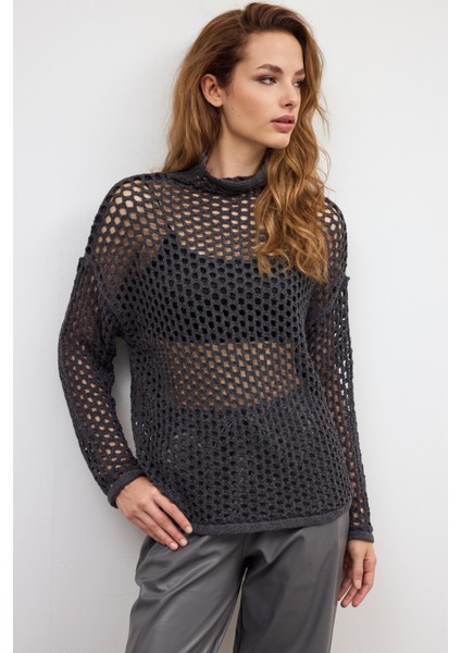 Antrasit Delikli Triko Kazak indirimleri