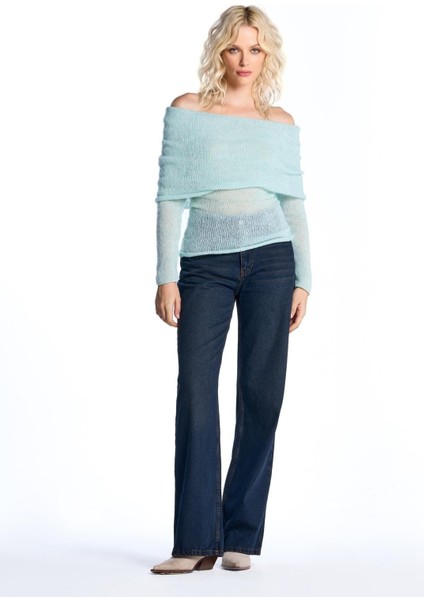 Mint Düşük Omuzlu Triko Bluz