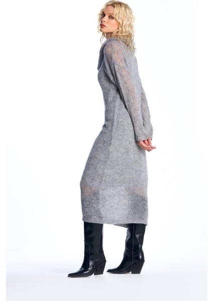 Gri Transparan Triko Elbise