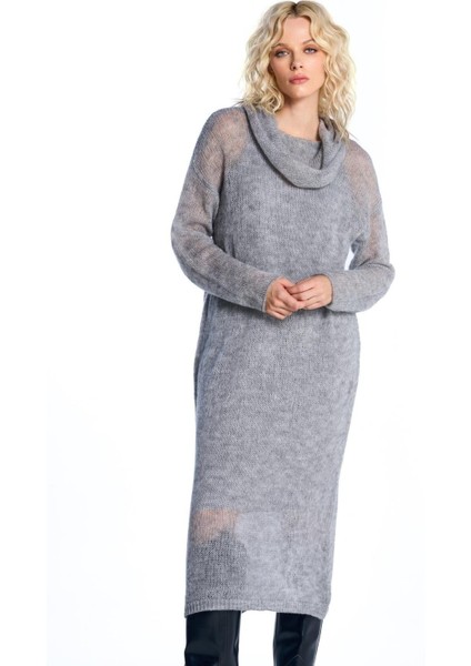 Gri Transparan Triko Elbise