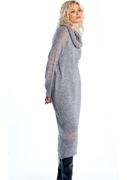 Gri Transparan Triko Elbise