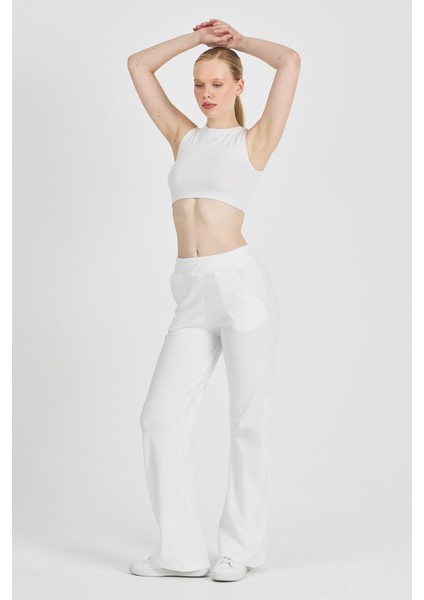 Kadın Ekru Yüksek Bel Bol Paça Kaşkorse Fitilli Cepli Pantolon Eşofman Altı