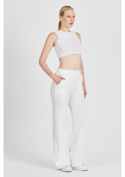 Kadın Ekru Yüksek Bel Bol Paça Kaşkorse Fitilli Cepli Pantolon Eşofman Altı