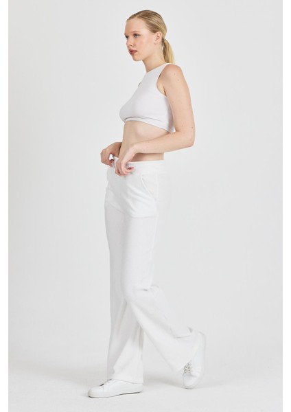 Kadın Ekru Yüksek Bel Bol Paça Kaşkorse Fitilli Cepli Pantolon Eşofman Altı