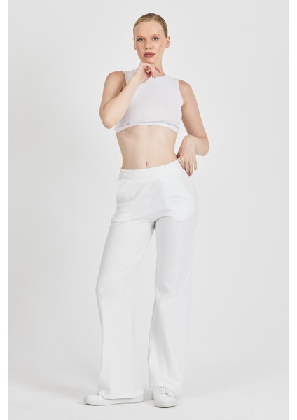 Kadın Ekru Yüksek Bel Bol Paça Kaşkorse Fitilli Cepli Pantolon Eşofman Altı