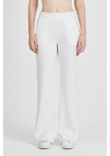 Kadın Ekru Yüksek Bel Bol Paça Kaşkorse Fitilli Cepli Pantolon Eşofman Altı