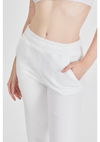 Kadın Ekru Yüksek Bel Bol Paça Kaşkorse Fitilli Cepli Pantolon Eşofman Altı