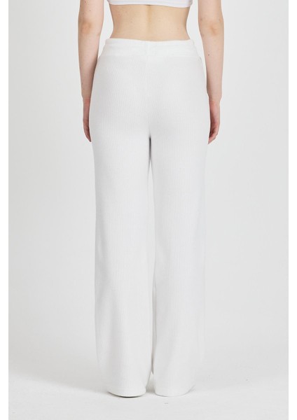 Kadın Ekru Yüksek Bel Bol Paça Kaşkorse Fitilli Cepli Pantolon Eşofman Altı