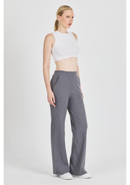 Kadın Füme Yüksek Bel Bol Paça Kaşkorse Fitilli Cepli Pantolon Eşofman Altı
