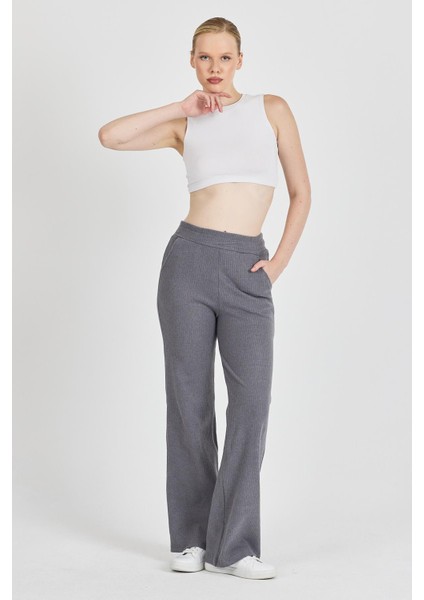 Kadın Füme Yüksek Bel Bol Paça Kaşkorse Fitilli Cepli Pantolon Eşofman Altı