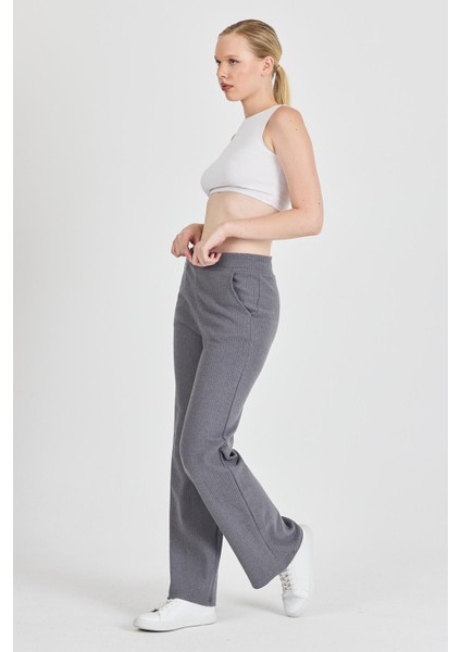 Kadın Füme Yüksek Bel Bol Paça Kaşkorse Fitilli Cepli Pantolon Eşofman Altı