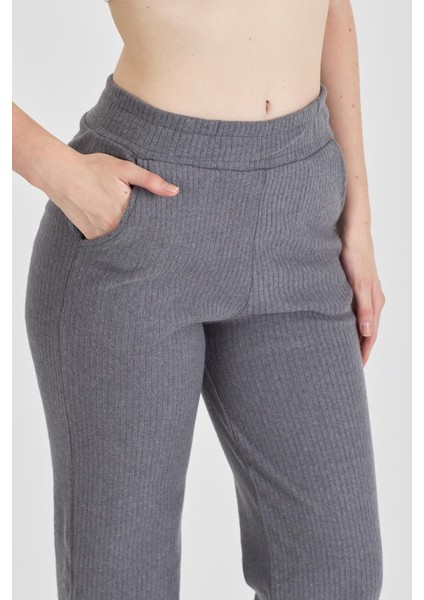 Kadın Füme Yüksek Bel Bol Paça Kaşkorse Fitilli Cepli Pantolon Eşofman Altı