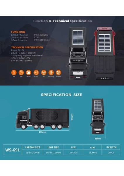 Güneş Enerjili Kamyon Tır Araba Kablosuz Bluetooth Hoparlör Speaker 10 Watt Tws Fm Radyo Sd Kart USB indirimleri