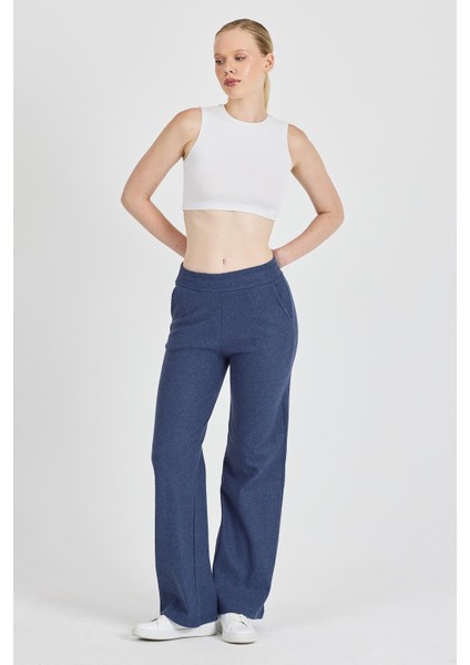 Kadın Indigo Yüksek Bel Bol Paça Kaşkorse Fitilli Cepli Pantolon Eşofman Altı