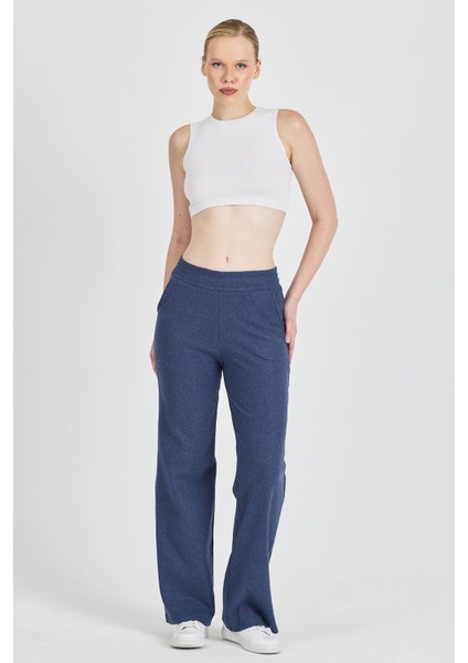 Kadın Indigo Yüksek Bel Bol Paça Kaşkorse Fitilli Cepli Pantolon Eşofman Altı