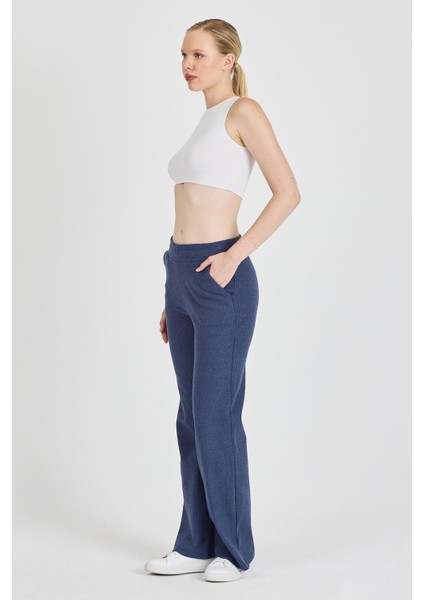 Kadın Indigo Yüksek Bel Bol Paça Kaşkorse Fitilli Cepli Pantolon Eşofman Altı