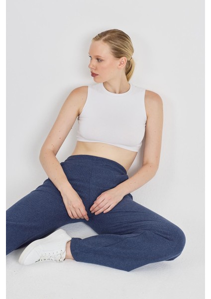 Kadın Indigo Yüksek Bel Bol Paça Kaşkorse Fitilli Cepli Pantolon Eşofman Altı