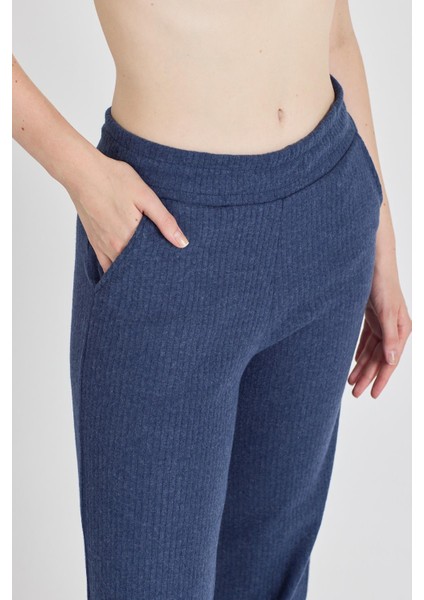 Kadın Indigo Yüksek Bel Bol Paça Kaşkorse Fitilli Cepli Pantolon Eşofman Altı