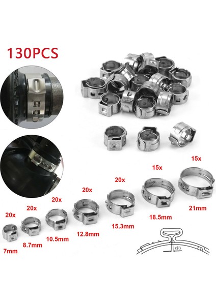 130PCS Tek Kulak Adımsız Hortum Kelepçeleri Seti 7-21MM 304 Hortum Klipsli Pense ile Paslanmaz Çelik Hortum Kelepçeler (Yurt Dışından) modelleri