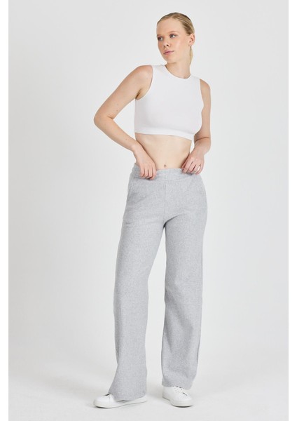 Kadın Gri Yüksek Bel Bol Paça Kaşkorse Fitilli Cepli Pantolon Eşofman Altı