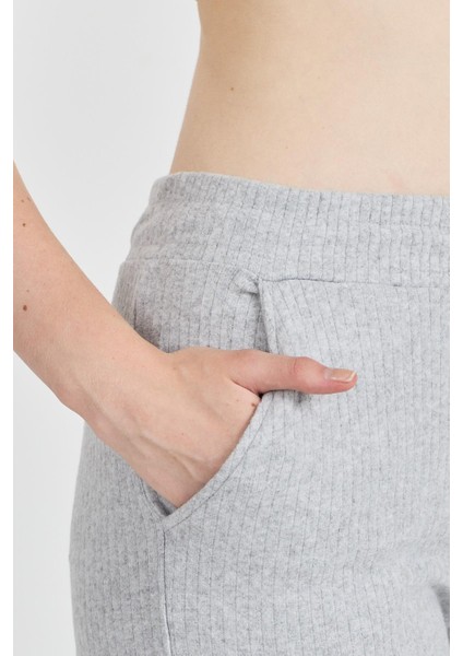 Kadın Gri Yüksek Bel Bol Paça Kaşkorse Fitilli Cepli Pantolon Eşofman Altı