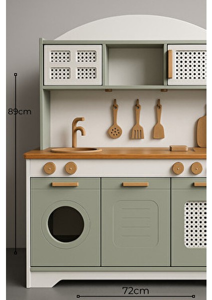 Yeşil Ahşap Mutfak Oyuncak Seti 12 Parça LED Hediyeli Eğitici Tasarım