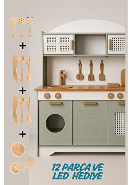Yeşil Ahşap Mutfak Oyuncak Seti 12 Parça LED Hediyeli Eğitici Tasarım