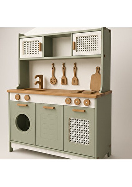 Yeşil Ahşap Mutfak Oyuncak Seti 12 Parça LED Hediyeli Eğitici Tasarım