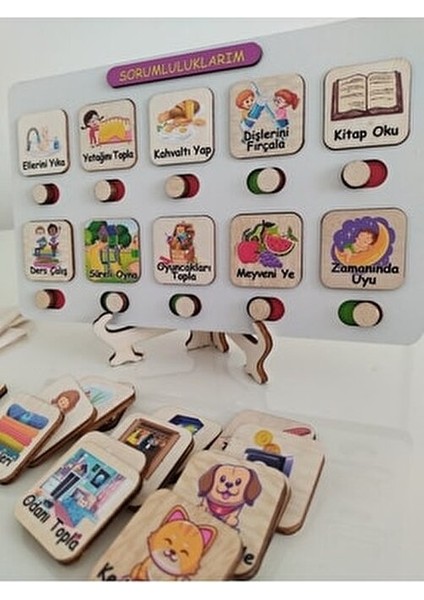 Montessori Ahşap Sorumluluk Alma Tablosu +3 Yaş İçin Eğitici Oyun 10 Parça