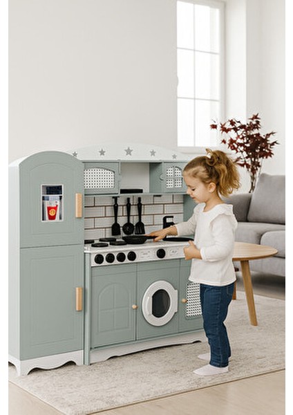 Ahşap Oyuncak Mutfak Seti Buzdolabı 1 LED Işıklı Çocuk Gelişimine Destek ıhlamur Yeşili