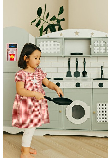 Ahşap Oyuncak Mutfak Seti Buzdolabı 1 LED Işıklı Çocuk Gelişimine Destek ıhlamur Yeşili