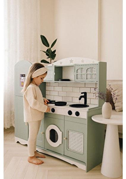 Ahşap Oyuncak Mutfak Seti Buzdolabı 1 LED Işıklı Çocuk Gelişimine Destek ıhlamur Yeşili