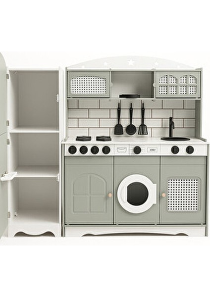 Ahşap Oyuncak Mutfak Seti Buzdolabı 1 LED Işıklı Çocuk Gelişimine Destek ıhlamur Yeşili