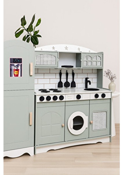 Ahşap Oyuncak Mutfak Seti Buzdolabı 1 LED Işıklı Çocuk Gelişimine Destek ıhlamur Yeşili