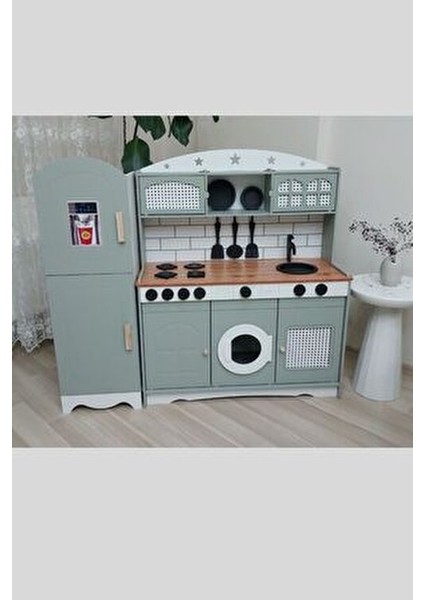 Ahşap Oyuncak Mutfak Seti Buzdolabı 1 LED Işıklı Çocuk Gelişimine Destek ıhlamur Yeşili