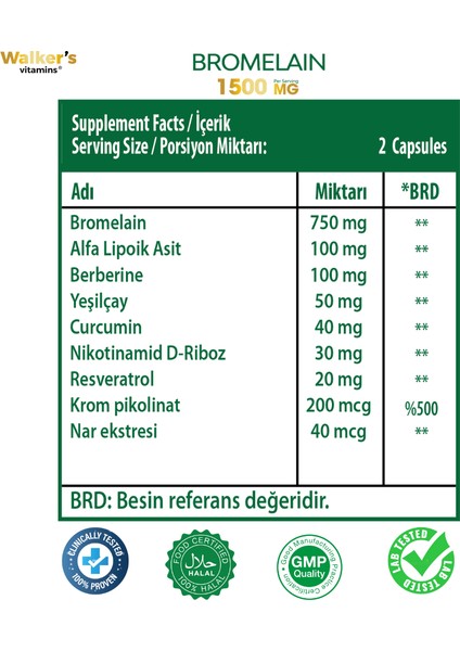 Walkers Bromelain Yeşil Çay, Krom, Curcumin, Berberine, Resveratrol. indirimleri
