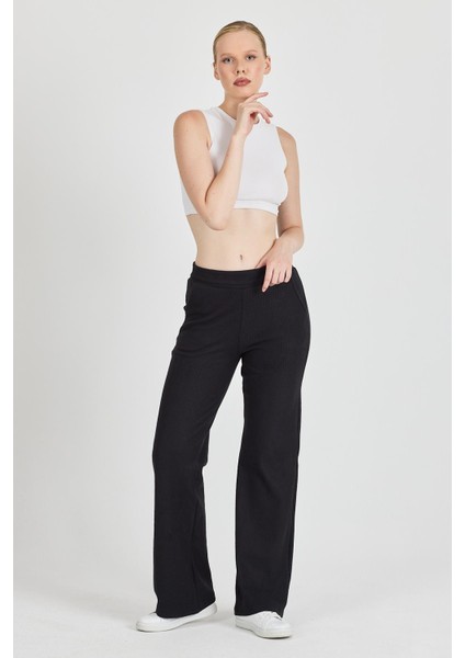 Kadın Siyah Yüksek Bel Bol Paça Kaşkorse Fitilli Cepli Pantolon Eşofman Altı