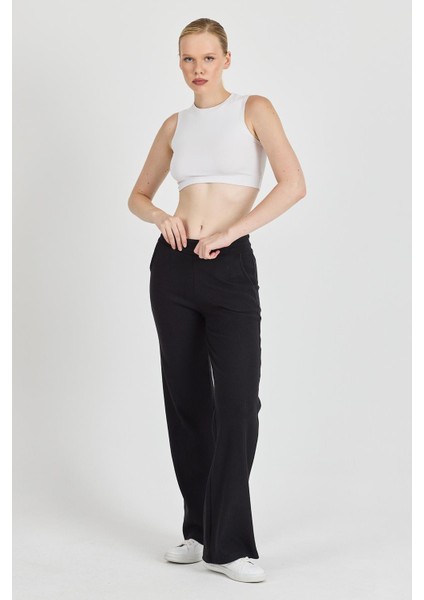 Kadın Siyah Yüksek Bel Bol Paça Kaşkorse Fitilli Cepli Pantolon Eşofman Altı