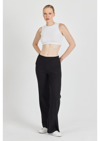 Kadın Siyah Yüksek Bel Bol Paça Kaşkorse Fitilli Cepli Pantolon Eşofman Altı