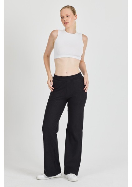 Kadın Siyah Yüksek Bel Bol Paça Kaşkorse Fitilli Cepli Pantolon Eşofman Altı