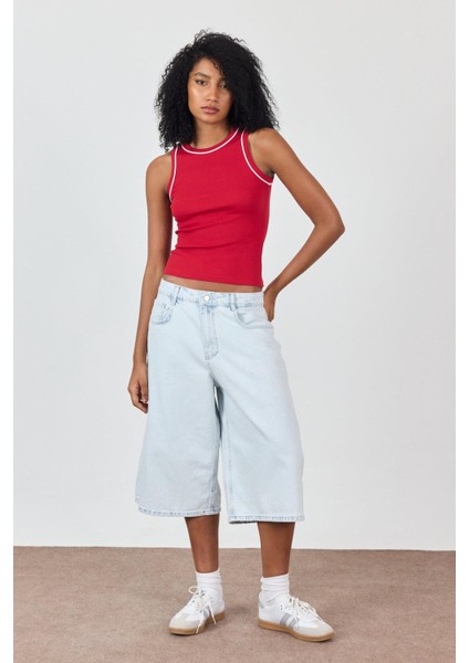 Açık Mavi Normal Bel Denim Şort Bermuda