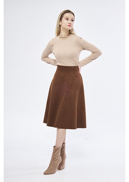 Midi Boy Süet Kiloş Etek Vizon