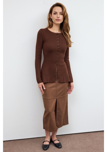 Kahverengi Önü Düğmeli Triko Bluz modelleri